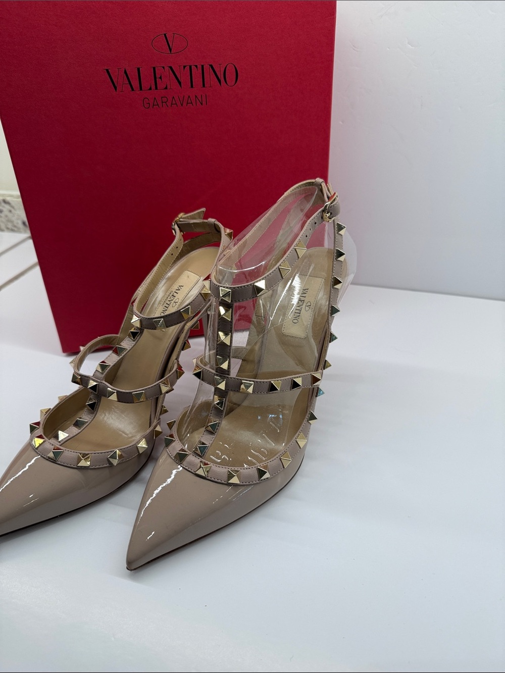 Valentino Nude Patent Leather Rockstud T-Strap Pumps